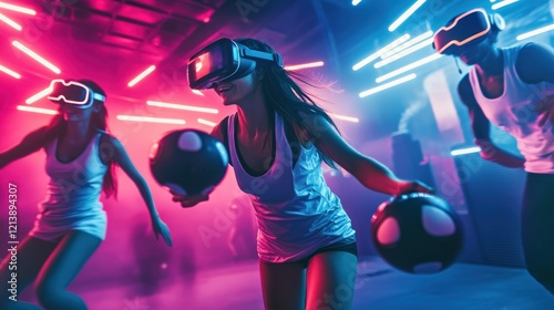Three people wearing VR headsets holding ball in a bright neon color modern gym