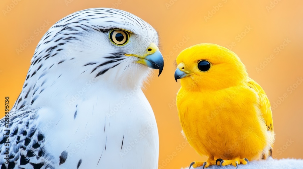 Fototapeta premium A white bird and a yellow bird are standing next to each other. The white bird is larger and has a more serious expression, while the yellow bird is smaller and has a more playful expression