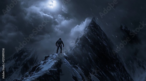 Climber silhouetted on snowy mountain peak at night under a full moon and stormy sky.
