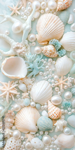 Seashell and Pearl Arrangement on Soft Pastel Background