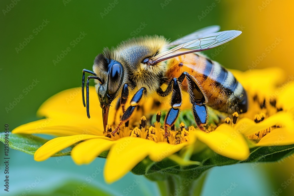 Fototapeta premium Closeup of bee pollinating sunflower in bloom