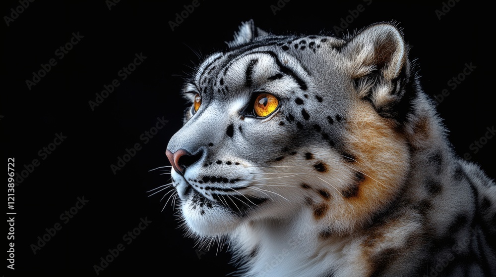 Majestic snow leopard portrait isolated on dark background