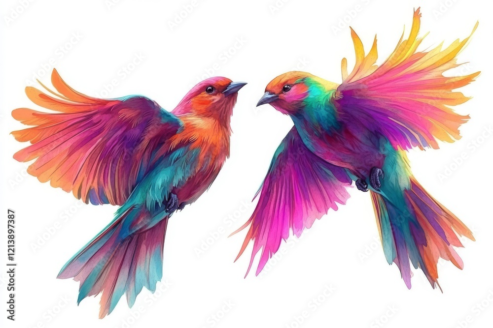 Obraz premium Two vibrant bluebirds soar through the sky, their image brought to life with intricate watercolor techniques