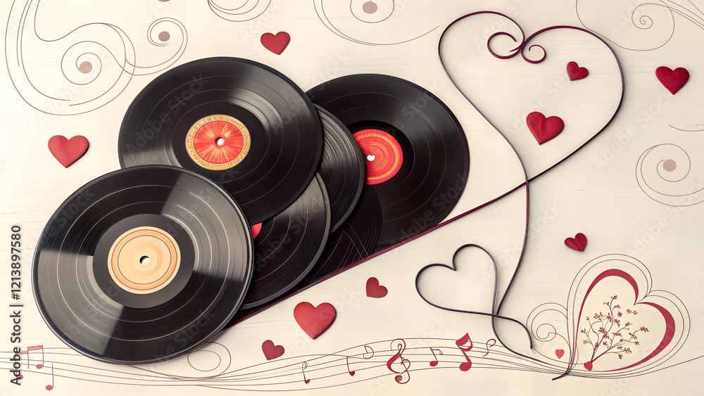 This image presents a still life composition featuring several vinyl records arranged diagonally on a textured, light-colored background adorned with swirling lines, musical notes, and scattered. This image presents a still life composition featuring several vinyl records arranged diagonally on a textured, light-colored background adorned with swirling lines, musical notes, and scattered.