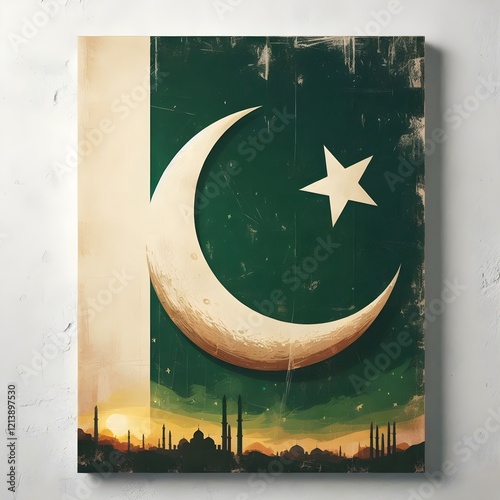 Pakistan Flag Moon and Crescent Poster design on white grunge wall