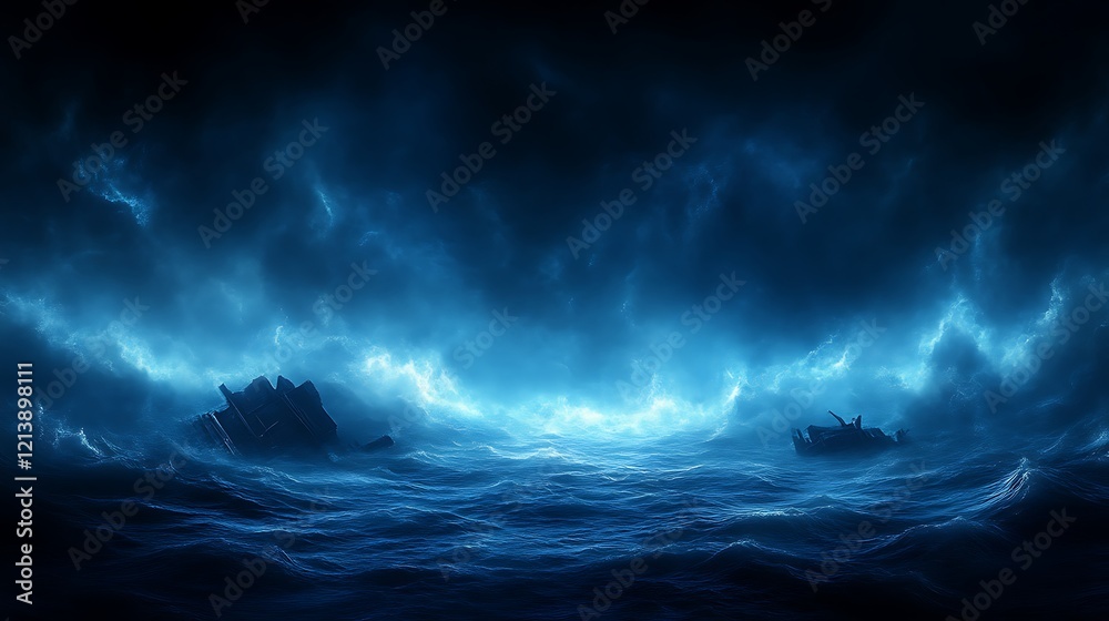 Fototapeta premium Dark Stormy Ocean Wrecks Two Ships At Sea