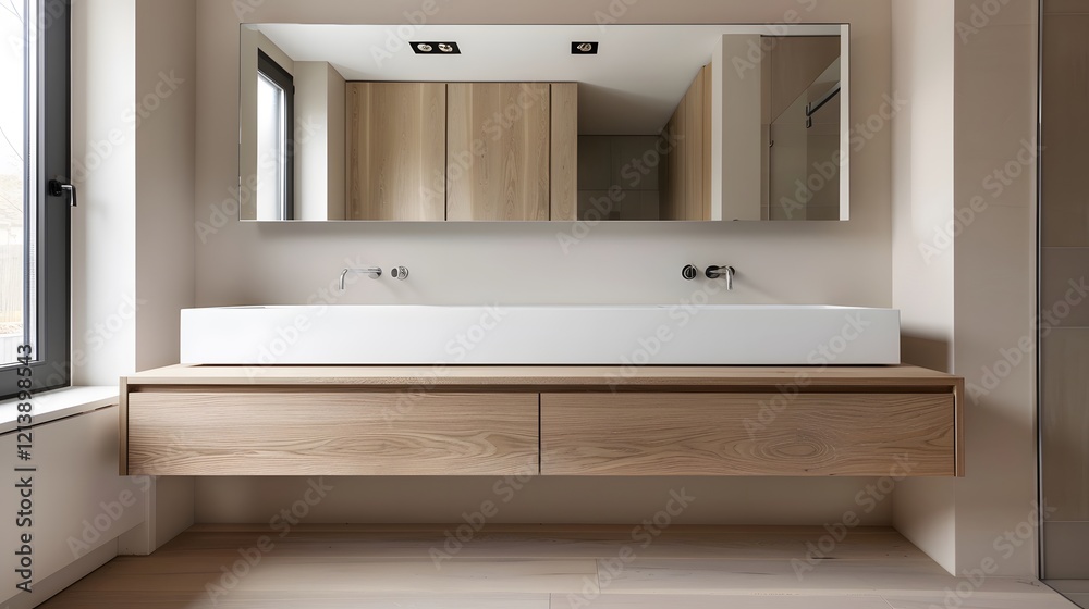 Minimalist bathroom with floating vanity and frameless mirror Minimalist bathroom with floating vanity and frameless mirror