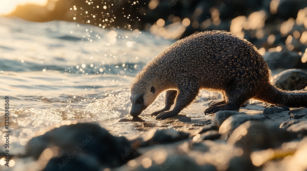 Obraz premium A solitary anteater on a rocky beach, the ocean waves lapping at the shore as the sun's warm glow reflects off the water.