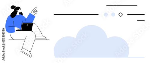 Woman seated with laptop, pointing upwards to data visualization lines and cloud icon. Ideal for tech, communication, remote work, data analytics, cloud storage, online collaboration, digital