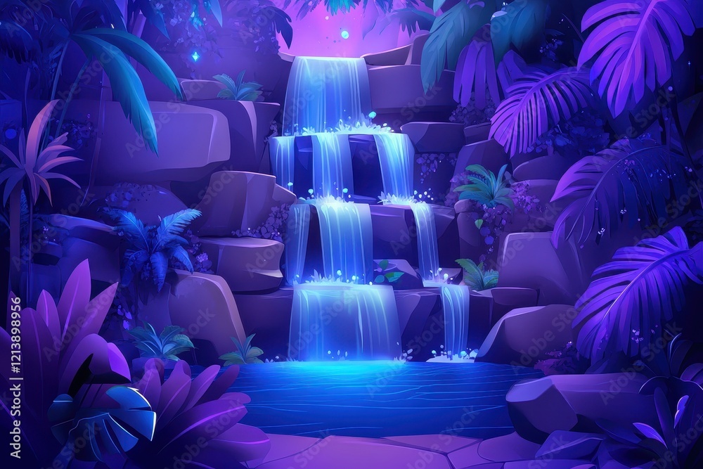 Obraz premium Serene Waterfall in Enchanted Forest with Lush Greenery and Vibrant Purple Hues, Creating a Magical and Tranquil Atmosphere for Nature Lovers