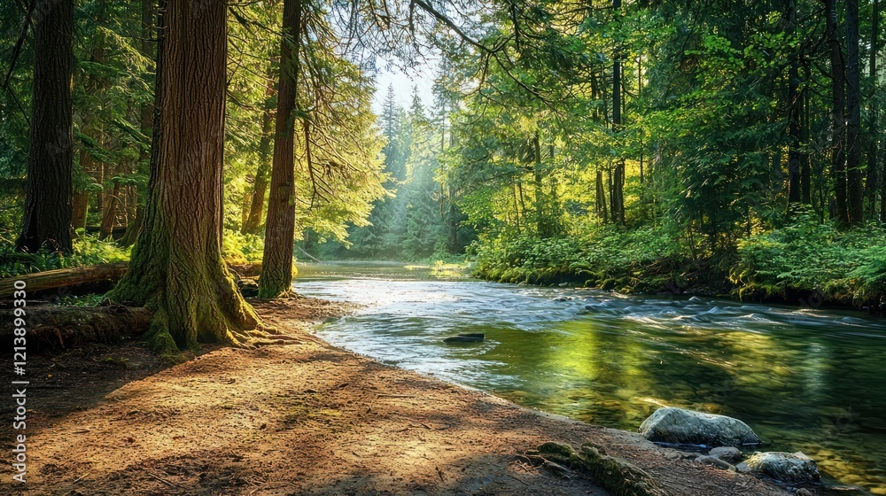 Obraz premium A serene forest scene with a calm river flowing through, surrounded by tall trees and soft sunlight filtering