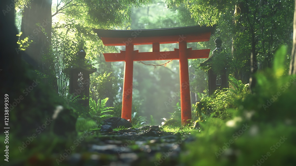 Sunlit red Torii gate in a lush green forest. Sunlit red Torii gate in a lush green forest.