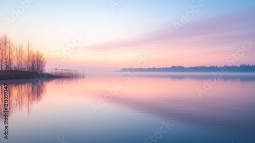 A serene lake at dawn, the waterâ€™s surface smooth and glass-like, reflecting the soft colors of the sky.