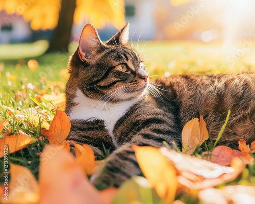Serene tabby cat laying in grass surrounded by sunflower petals in sunny park nature bright view photo