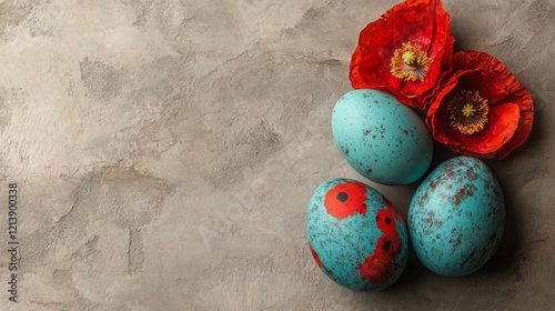 Colorful Easter eggs are displayed alongside flowers and greenery to create a festive decoration