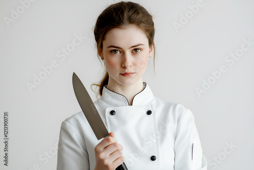 Confident female chef holding a large knife against a light gray background, portrait shot conveying culinary expertise and determination photo