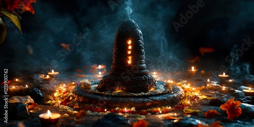 Glowing Shivling with Candles and Incense Maha Shivaratri Celebration photo