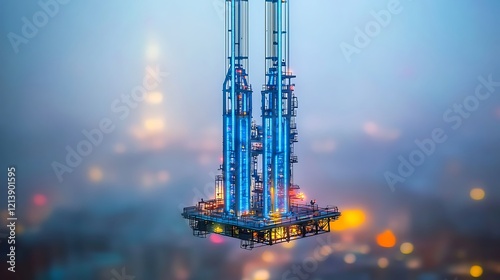 A floating factory suspended above a futuristic city, glowing blue conduits running down its sides, faint mist and a blurred skyline evoking progress and imagination photo