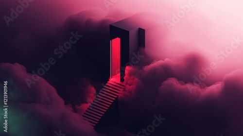 A dark room with a red door and stairs leading up to it
