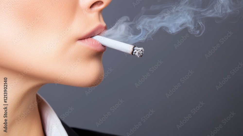 Fototapeta premium Woman smoking cigarette urban setting lifestyle image close-up view health impact awareness