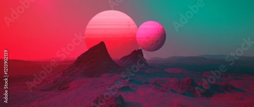 Glitchy mountain range at sunset with distorted peaks in warm colors capturing a surreal landscape photo