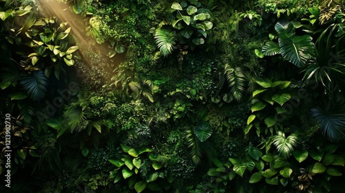 Lush Green Vertical Garden Design, Tropical Leaves, Ferns Illuminated, Dense Natural Backdrop