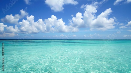 Tropical ocean, bright sky, calm water, vacation background