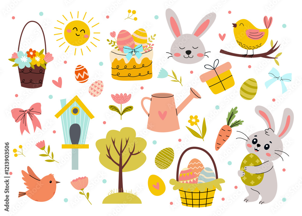 A Beautiful and Colorful Spring Easter Illustration Depicting a Joyful Scene with Bunnies and Eggs A Beautiful and Colorful Spring Easter Illustration Depicting a Joyful Scene with Bunnies and Eggs