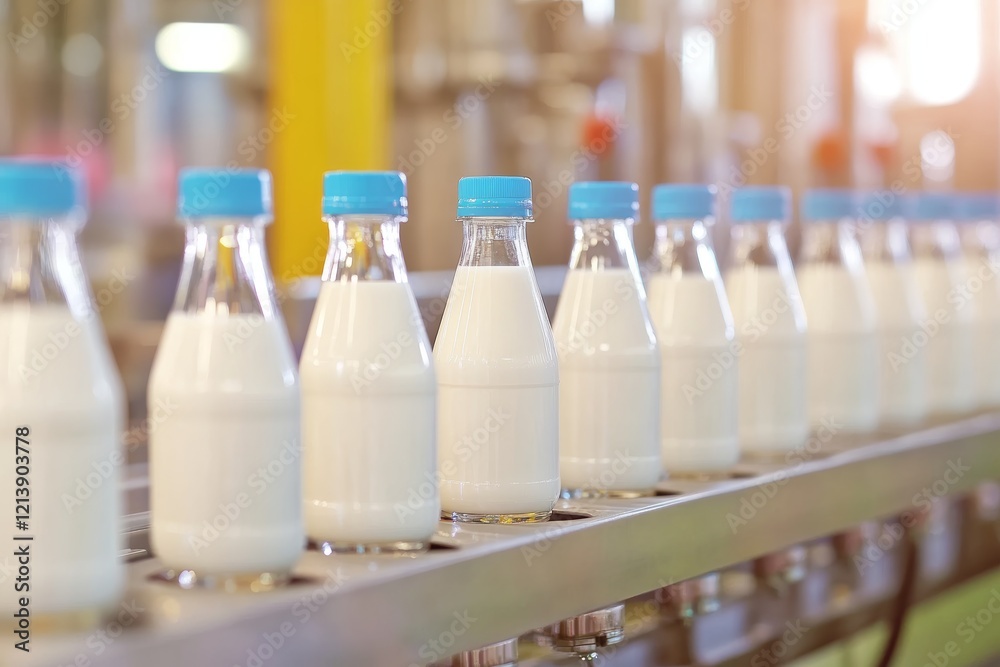 Conveyor Line of Milk Bottles with Blue Caps in Dairy Processing Plant Conveyor Line of Milk Bottles with Blue Caps in Dairy Processing Plant
