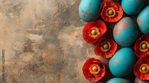 Easter eggs in vibrant hues are combined with flowers and greenery, forming an appealing arrangement for decoration