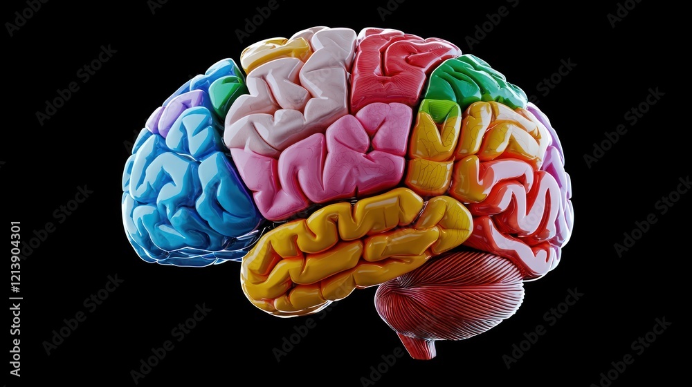 A side view of a brain illustration with colorful sections highlighting different cognitive functions A side view of a brain illustration with colorful sections highlighting different cognitive functions