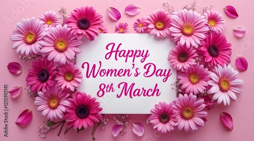 Happy Women's Day concept with beautiful flowers and white square frame in the middle. womens day poster, womens day background, international women day, womens month, 8 march, women's day