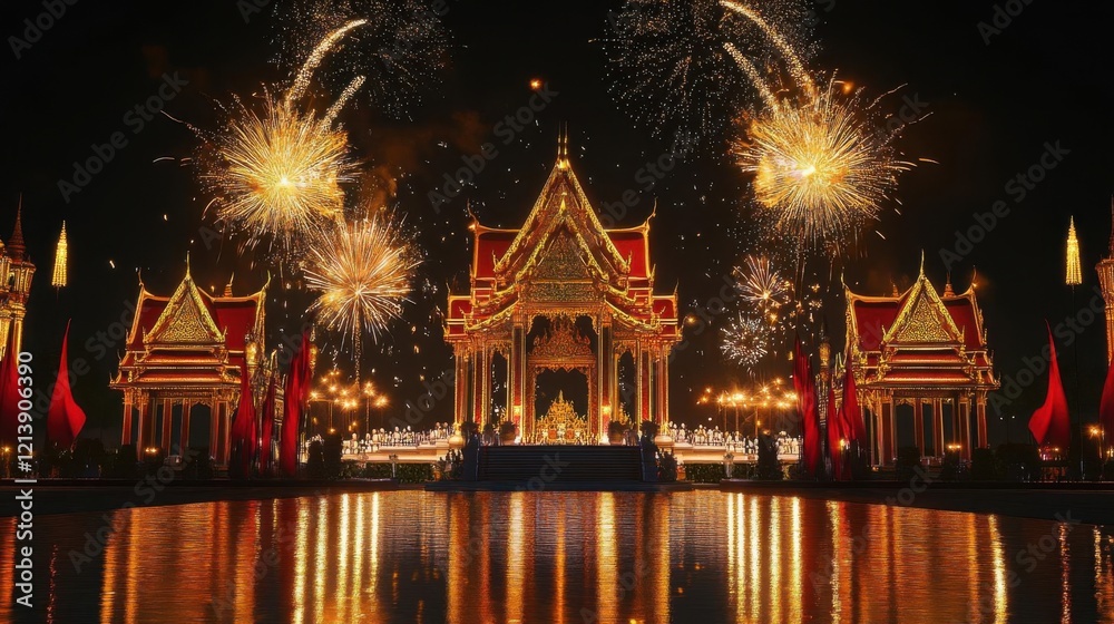 Fototapeta premium Temple Shines with Fireworks Display and Reflection of Light with Night Festivities Celebration.