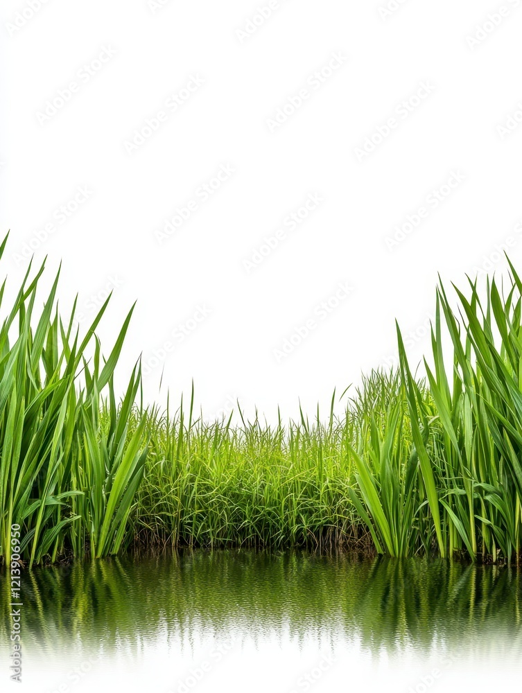 Fototapeta premium Reflective Tranquility Lush Green Grass and Reeds by Still Water