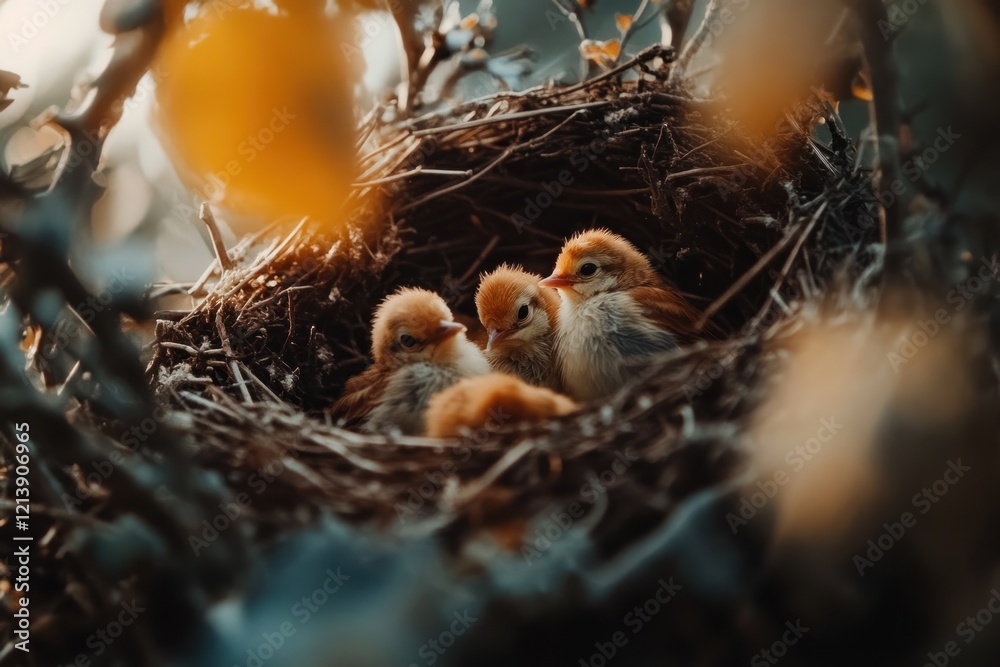 Sunrise Nestlings in Nest, Bush Background Sunrise Nestlings in Nest, Bush Background