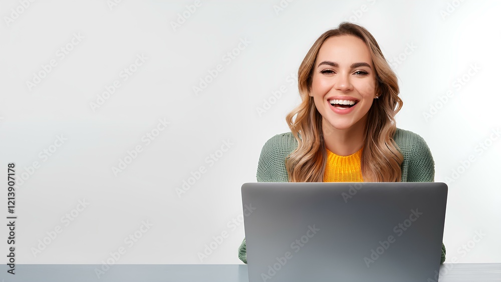 A joyful, beautiful girl laughs while using her laptop, against a clean white background. Her expression radiates happiness and positivity, reflecting the joy of technology and connection. A joyful, beautiful girl laughs while using her laptop, against a clean white background. Her expression radiates happiness and positivity, reflecting the joy of technology and connection.