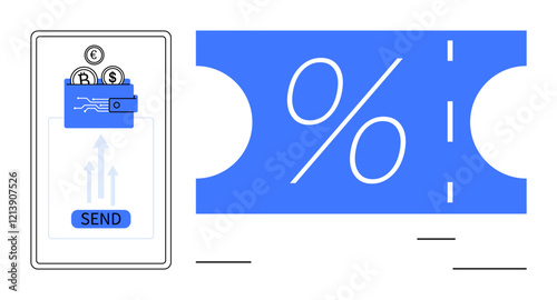 Smartphone screen with coins depositing into a wallet and SEND button, next to discount voucher with percentage symbol. Ideal for finance, digital payments, e-commerce, savings, mobile apps