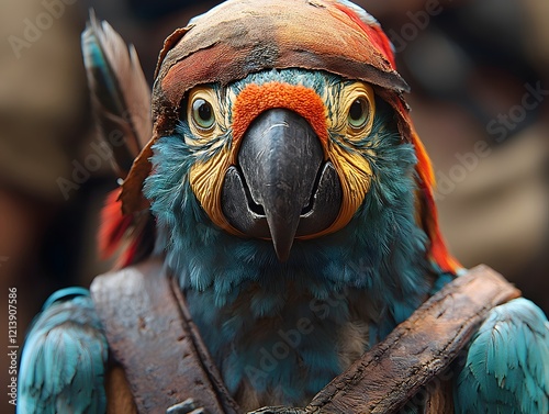 A Jewel Toned Parrot s Piercing Gaze Perches Atop a Rugged Pirate in a Detailed 3D photo