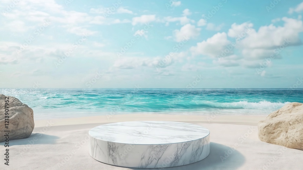 Fototapeta premium A white marble podium set against a breathtaking sea view.
