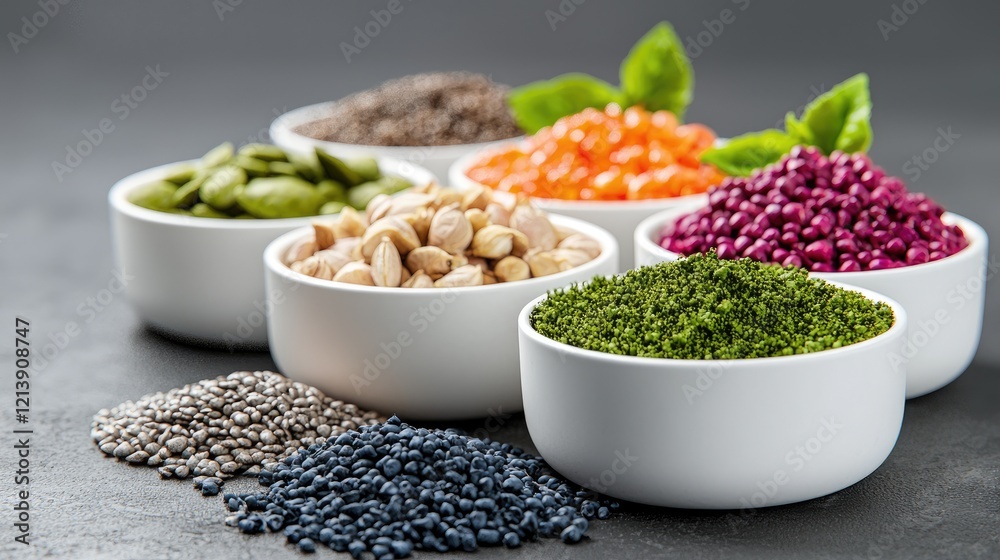 Colorful superfoods in bowls on dark background. Healthy eating concept for websites and blogs Colorful superfoods in bowls on dark background. Healthy eating concept for websites and blogs