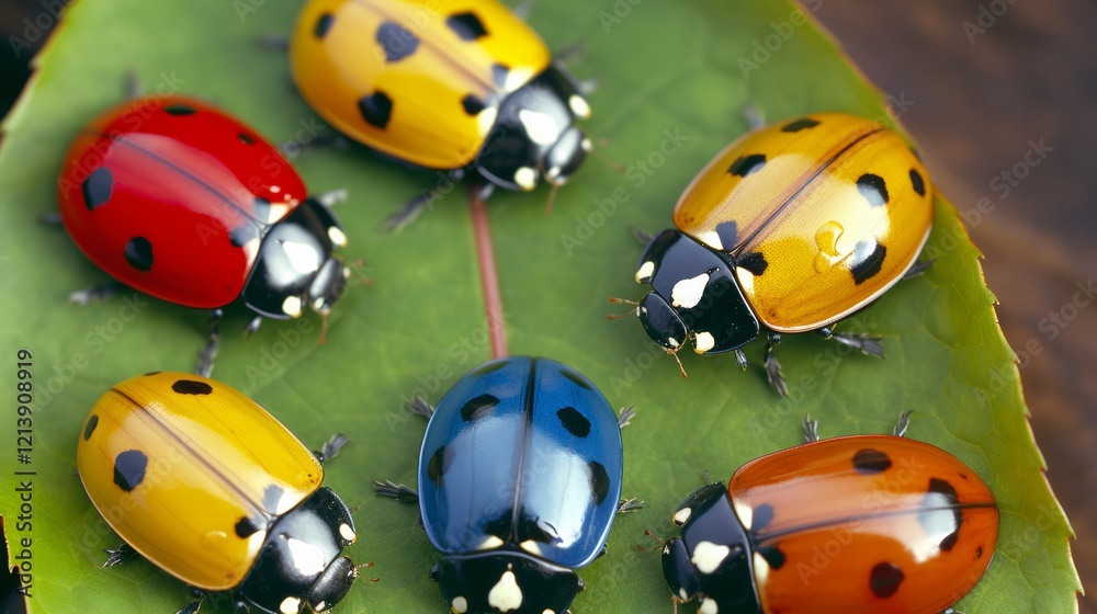 Naklejka premium Group of brightly colored ladybugs are sitting on a leaf. The ladybugs are of different colors, including red, blue, and yellow. Concept of vibrancy and diversity
