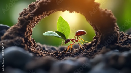 Small ant is crawling out of a hole in the ground. The hole is surrounded by dirt and rocks. The ant is carrying a leaf in its mouth photo