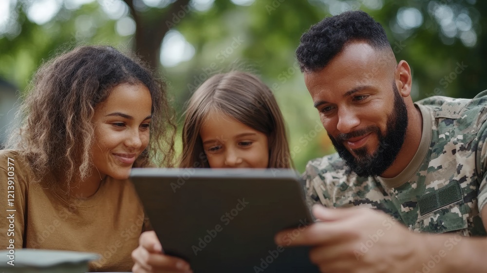 Fototapeta premium Military family gathered in a backyard, using a tablet for financial planning amidst casual conversation