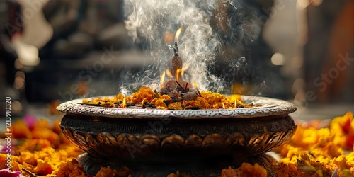 Close up of Incense Burning Before a Serene Statue photo