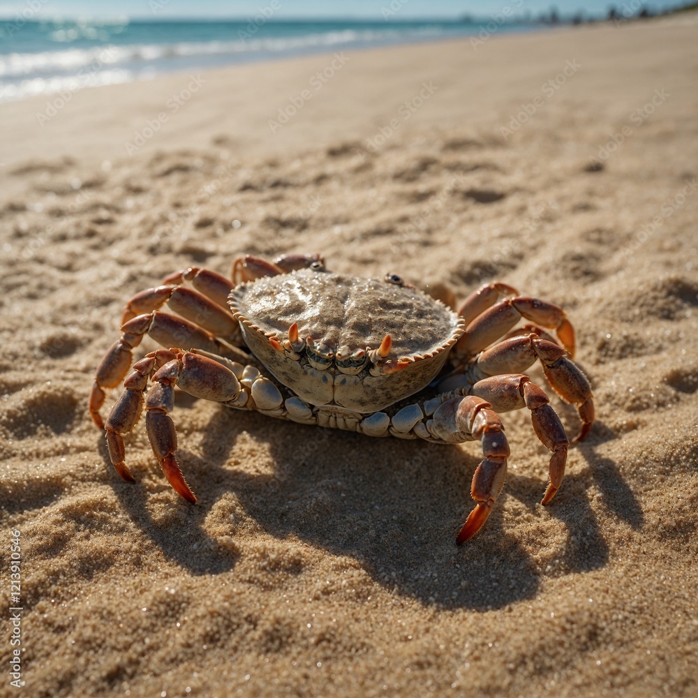 A crab walking sideways across a sunlit ocean floor.Close-up of a crab on a sandy beach, with detailed focus on its claws and shell, showcasing its natural habitat during daylight.Crab Emerging from A crab walking sideways across a sunlit ocean floor.Close-up of a crab on a sandy beach, with detailed focus on its claws and shell, showcasing its natural habitat during daylight.Crab Emerging from