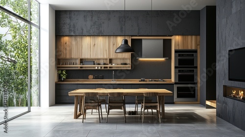 A sleek, open-plan kitchen and dining area, with high-end appliances and a large wooden table.