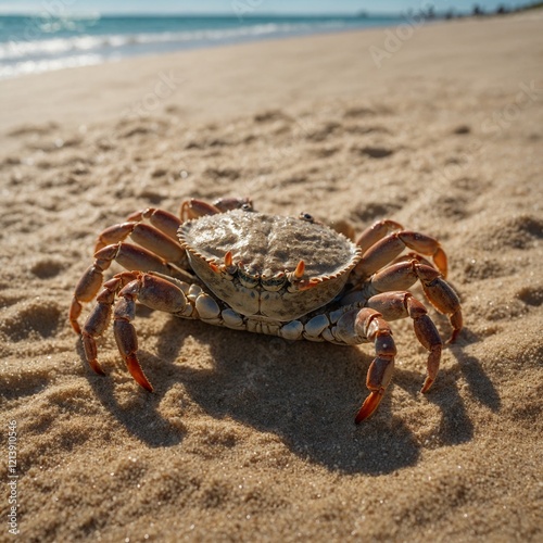 A crab walking sideways across a sunlit ocean floor.Close-up of a crab on a sandy beach, with detailed focus on its claws and shell, showcasing its natural habitat during daylight.Crab Emerging from  photo