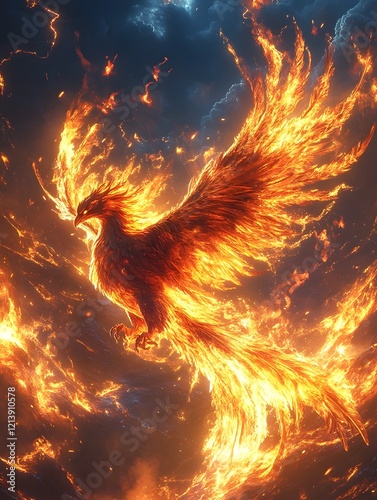 A Magnificent Mythical Phoenix Soaring Through a Tumultuous Celestial Sky