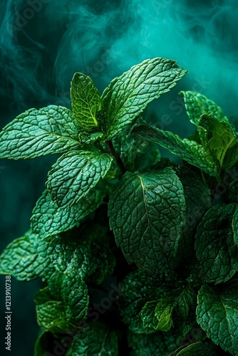 The droplet-covered, vivid green mint leaves are enshrouded in a mystical mist photo