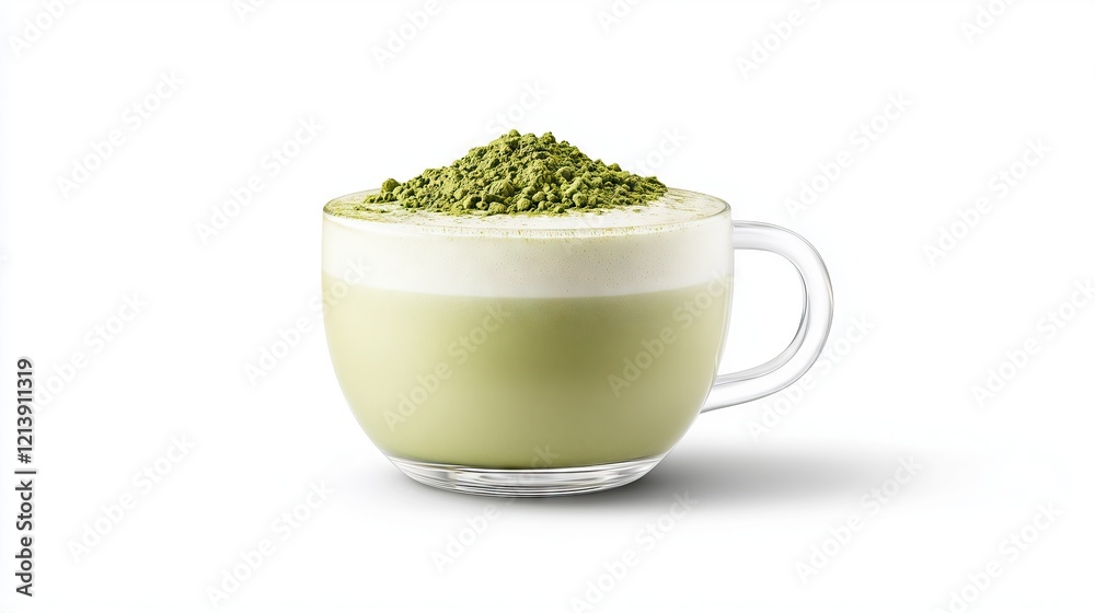 Vibrant green matcha latte with a matcha powder on top on a white background Vibrant green matcha latte with a matcha powder on top on a white background